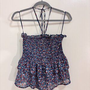 Mi Ami Navy Floral Smocked Top S Tiered Ruffle Tie Strap Red White